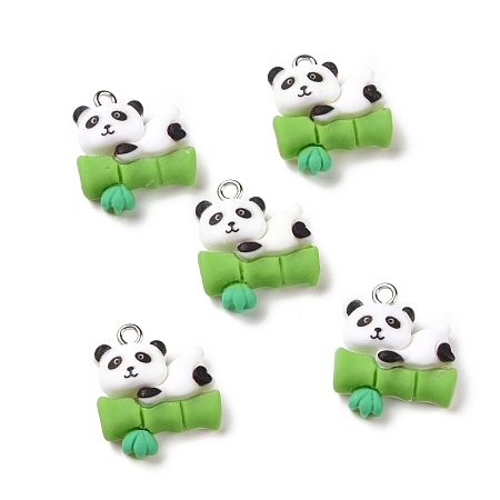 Opaque Resin Pendants, with Platinum Tone Iron Loops, Panda with Bamboo, White, 20.5x18x8mm, Hole: 2mm