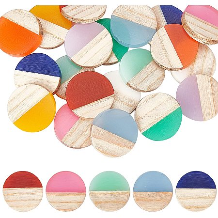 OLYCRAFT 20pcs Resin Wooden Cabochons Flat Round Shape Resin Wooden Blanks Wood Cabochons Vintage Resin Wood Statement without Hole for Necklace Earring Making -10 Colors