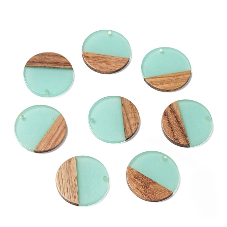 Honeyhandy Resin & Walnut Wood Pendants, Flat Round, Pale Turquoise, 28.5x3.5~4mm, Hole: 1.5mm