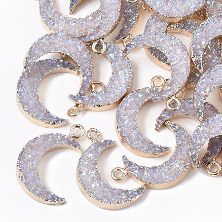 Honeyhandy Druzy Resin Pendants, with Edge Light Gold Plated Iron Loops, AB Color Plated, Moon, Gainsboro, 23~24x15.5x5mm, Hole: 1.8mm