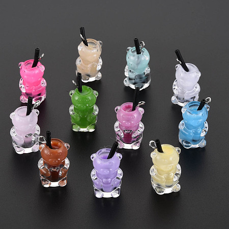Imitation Bubble Tea/Boba Milk Tea Opaque Resin Pendants, Boba Polymer Clay inside, with Acrylic Cup and Iron Finding, Mixed Color, 24~32x14x13mm, Hole: 1.8mm