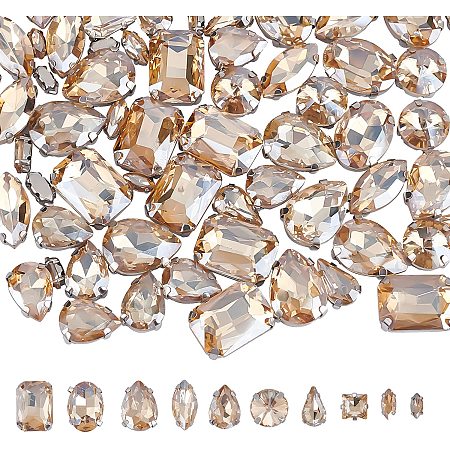 CHGCRAFT 100pcs Sew On Glass Rhinestones Crystals Rhinestones Mixed Shapes Metal Prong Setting Flatback Rhinestones Sewing Claw for Craft, Jewelry Making, Champagne