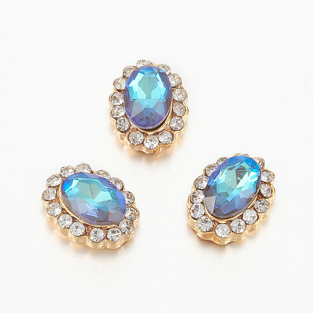 K9 Glass Rhinestone Cabochons, with Alloy Findings, Imitation Austrian Crystal, Nail Art Decoration Accessories, Faceted, Oval, Golden, Light Sky Blue, 8.5x6.5x3.5mm, K9 Glass: 6x4mm