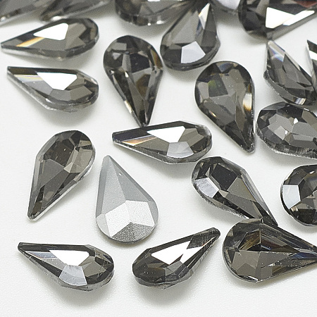 Honeyhandy Pointed Back Glass Rhinestone Cabochons, Back Plated, Faceted, teardrop, Black Diamond, 10x6x3mm