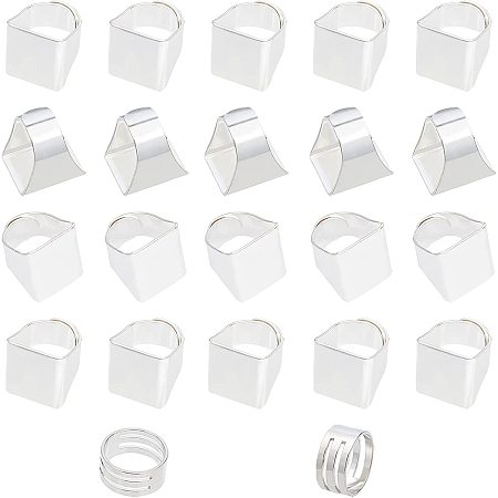 PandaHall Elite 20pcs Adjustable Solid Brass Ring Blank Bases Findings with Rectangle Pads 2pcs Jump Ring Opener for Women DIY Finger Ring Jewelry DIY Craft Making, Platinum