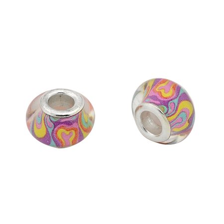 NBEADS 10 Pcs 14mm Resin European Large Hole Rondell Beads, with Silver Tone Brass Cores, Purple, Hole: 5mm