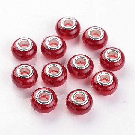 Honeyhandy Large Hole Rondelle Resin European Beads, with Silver Color Plated Brass Cores, Imitation Cat Eye, Red, 13.5~14x9mm, Hole: 5mm
