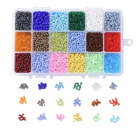 ARRICRAFT 18 Colors Glass Seed Beads, Mixed Style, Round, Mixed Color, 3mm, Hole: 1mm, about 500pcs/color, about 9000pcs/box