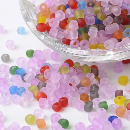 6/0 Transparent Frosted Colors Round Glass Seed Beads, Mixed Color, 3x2.5mm, Hole: 1mm; about 6500pcs/450g