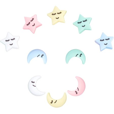 SUNNYCLUE 1 Box 10 Styles Colorful Silicone Beads Star Moon Shape Loose Beads Smile Flatback Charms Spacer Beads for Jewelry Making DIY Bracelets Necklaces Crafts Supplies