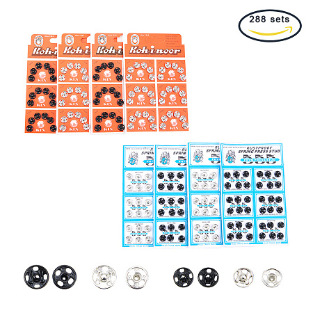 PandaHall Elite 288 Sets Brass Sewing Snaps Fasteners Press Studs Buttons Sew-on Snaps 8.5mm and 10mm for Dress Coat Clothing DIY Silver and Black