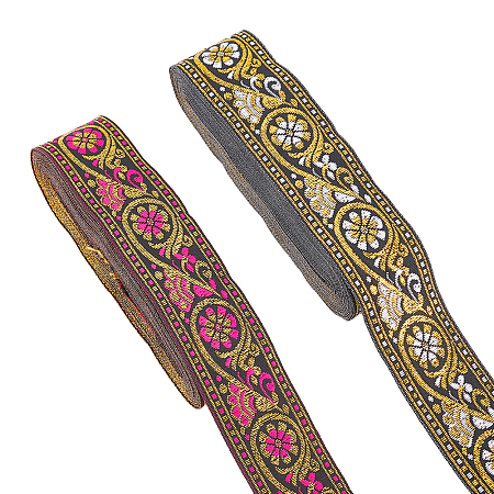 AHANDMAKER 14M 2 Colors Ethnic Style Embroidery Polyester Ribbons, Jacquard Ribbon, Garment Accessories, Flat with Floral Pattern, Mixed Color, 34mm, 7m/color