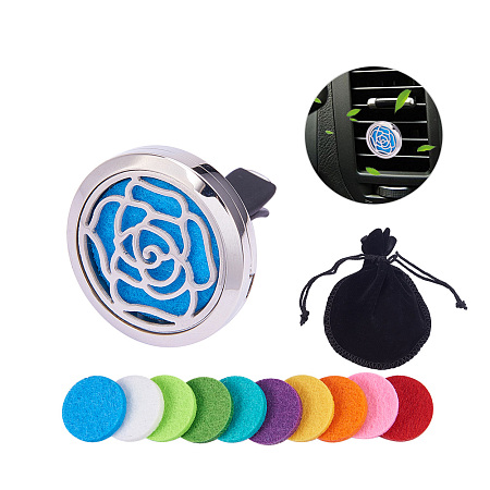 BENECREAT Rose Car Air Freshener Aromatherapy Essential Oil Diffuser Stainless Steel Locket With Vent Clip 10 Washable Felt Pads