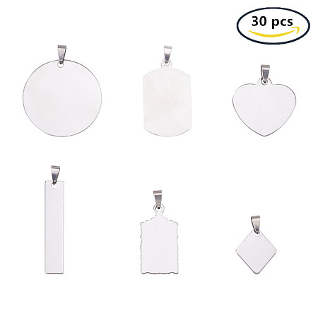 BENECREAT 30PCS Large Stainless Steel Blank Stamping Tag Mixed Shape Charm Pendants with Snap on Bails for Bracelet Necklace Making