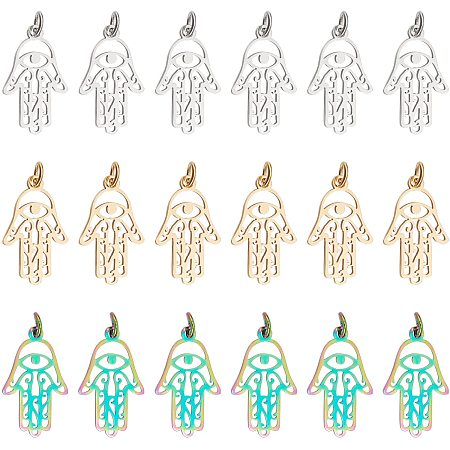 DICOSMETIC 18pcs 3 Colors 304 Stainless Steel Hamsa Hand Charm Hand of Fatima with Eye Charms Evil Eye Pendants Palm Pendant for Necklace Bracelet Jewelry Making,Hole:3mm