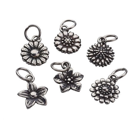 Arricraft 6pcs/Set Flower Vintage Stainless Steel Charms Pendants for Crafting and Jewelry Making Findings, Antique Silver