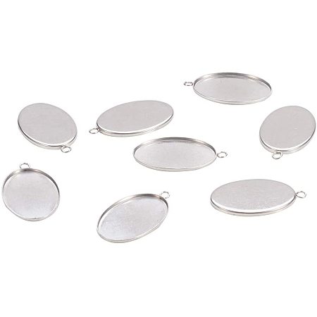 Pandahall Elite About 50pcs Stainless Steel Pendant Oval Cabochon Settings Plain Edge Bezel Cups Charm for DIY Necklace Bracelet Jewelry Making 35x21x1.5mm, Hole 2mm