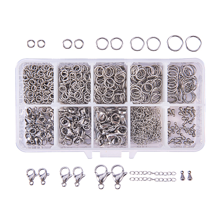 PandaHall Elite 1 Box About 830 Pcs Jewelry Findings Kits with 304 Stainless Steel Jump Ring Lobster Claw Clasps Ends Extender Chain Drop Ends for Jewelry Making