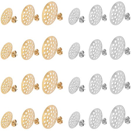 UNICRAFTALE About 24 Pieces 2 Colors 16/18/20mm Flat Round with Sieve Base Stud Earrings with Ear Nuts Stainless Steel Ear Stud Findings 0.7mm Pin Earring for DIY Jewellery Making