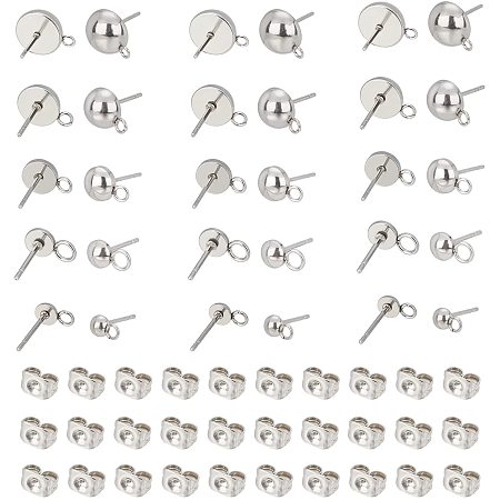 UNICRAFTALE About 140pcs 6 Sizes Half Round Stud Earring Stainless Steel Stud Earring Findings Hypoallergenic Ball Stud Earrings with Ear Nuts for Jewelry Making 1.5~2.5mm Hole