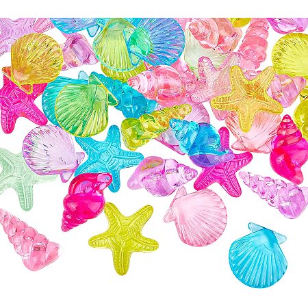 Arricraft 69 Pcs 2 Styles Transparent Acrylic Beads No Hole, Mixed Color Shell Starfish Acrylic Beads Sea Life Flat Back Cabochon Beads for Jewelry Making DIY Crafts