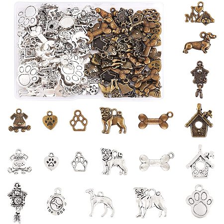 PandaHall Elite 120pcs 20 Styles Dog Charms Animal Bulldog House Dog Paw Prints Bone Pendants Jewelry Findings for Jewelry Necklace Bracelet Making Supplies