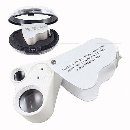 Honeyhandy ABS Plastic Portable Magnifier, with Led Lights, Alloy Findings, Acrylic Optical Lens, White, Magnification: 30X, Lens: 17.5mm, Magnification: 60X, Lens: 8.8mm, 52x41x28mm
