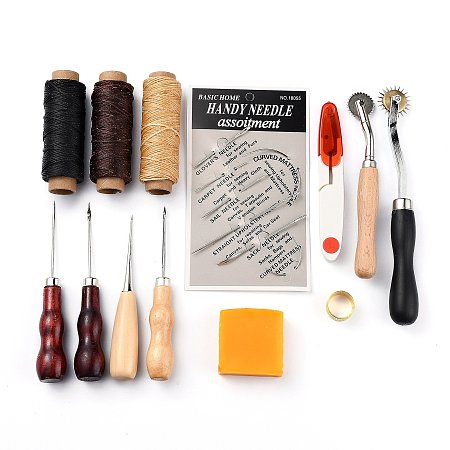 Honeyhandy Leather Crafting Tools and Supplies, Leather Working Tools Set with Awl Waxed Thread Thimble Kit, for Stitching Punching Cutting Sewing Leather Craft Making, Mixed Color, 18x11x5.2cm