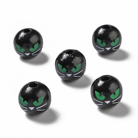Honeyhandy Halloween Spray Painted Wood Beads, Round with Green Cat Eye Pattern, Black, 15.5~16x14.5~15mm, Hole: 4mm