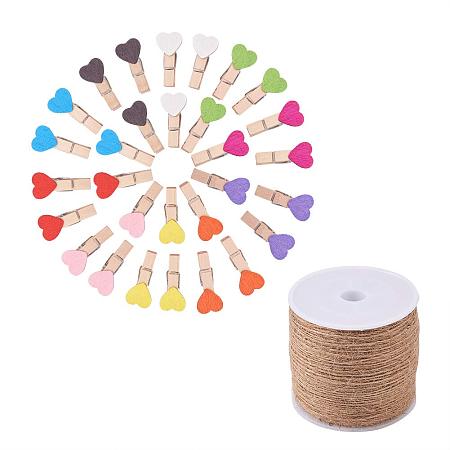 NBEADS 110 Pcs Mixed Color Wooden Clips Mini Clothespins Photo Paper Peg Hanging Pin Craft Clips with 100m Jute Twine