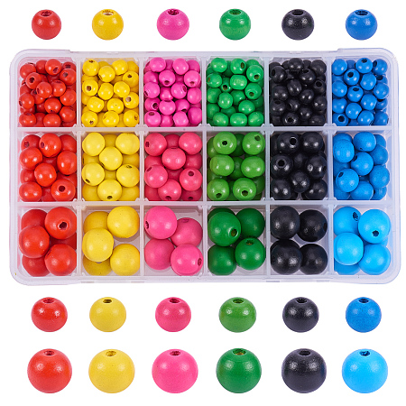 PandaHall Elite About 750pcs 10 Color 3 Size Dyed Environmental Round Wood Beads Assorted in Box for DIY Crafting Jewelry making