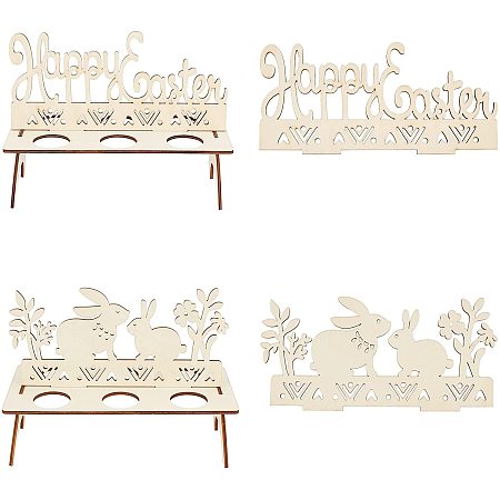 ARRICRAFT 2 Sets 6-Hole Easter Egg Display Stands 2 Style Bunny Laser Cut Wood Easter Egg Shelves Happy Easter Hanging Sign for Easter Gift Home Decoration About 4x8.3x0.13in