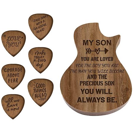 ARRICRAFT My Son Theme Guitar Shaped Wooden Guitar Picks Box with 6 Pcs Triangle Wood Guitar Picks Guitar Picks Holder Stringed Instrument Accessories Birthday (1.26x1x0.1inch)