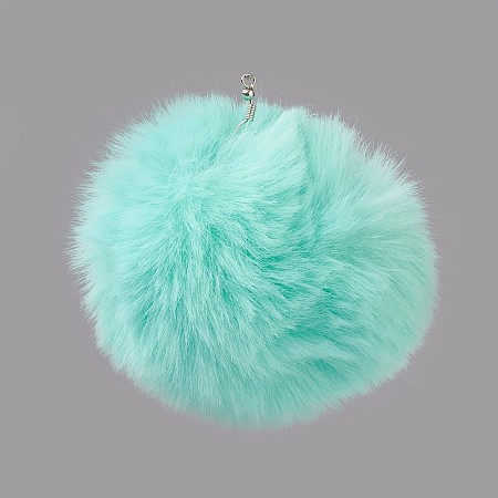 Honeyhandy Handmade Faux Rabbit Fur Pom Pom Ball Covered Pendants, Fuzzy Bunny Hair Balls, with Elastic Fiber, Aquamarine, 55~74mm, Hole: 5mm