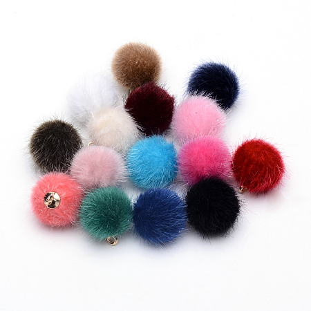 Handmade Faux Mink Fur Covered Pendants, with Alloy Findings, Round, Golden, Mixed Color, 16~17x13.5~14mm, Hole: 1.5mm