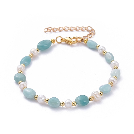Honeyhandy Natural Amazonite Beaded Bracelets, with Natural Pearl Beads, Brass Beads and 304 Stainless Steel Lobster Claw Clasps, 9-1/2 inch(24.2cm)