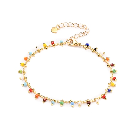 Honeyhandy Glass Charm Bracelets, with Brass Curb Chains, 304 Stainless Steel Heart Charms & Lobster Claw Clasps, Real 18K Gold Plated, Colorful, 7-1/2 inch(19cm)