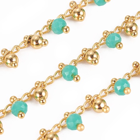 Arricraft Handmade Glass Beaded Chains, with Brass Curb Chains, Long-Lasting Plated, Soldered, Faceted, Rondelle, Golden, Turquoise, Golden, 1.5mm