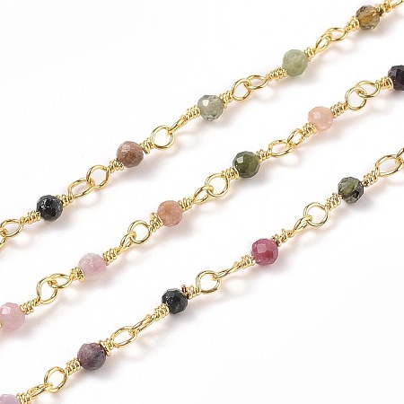 Honeyhandy 3.28 Feet Natural Tourmaline Handmade Beaded Chains, with Brass Findings, Golden, Unwelded, Round, Faceted, 12x1~1.25mm, Bead: 2.5mm
