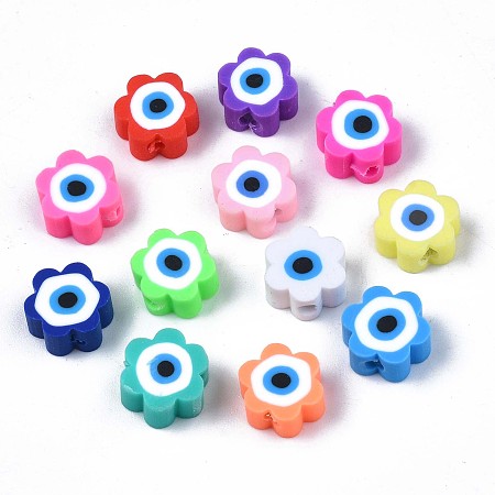 Honeyhandy Handmade Polymer Clay Beads, Flower with Evil Eye, Mixed Color, 9x9x4.5mm, Hole: 1.8mm