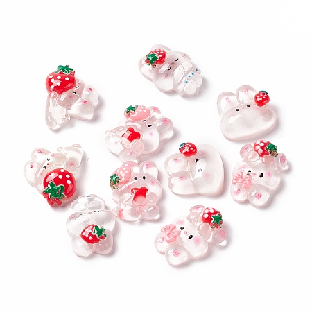 Honeyhandy Transparent Resin Cabochons, Rabbit with Strawberry Mixed Shpas, White, 19~23x16~24x6~7.5mm