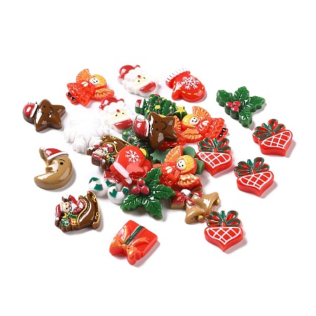 Christmas Theme Opaque Resin Cabochons, Mixed Shapes, Mixed Color, 17~24x14~24.5x4.5~5.5mm