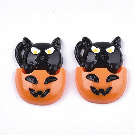 Arricraft Resin Cabochons, Halloween Pumpkin with Cat, Coral, 27x19~20x6mm