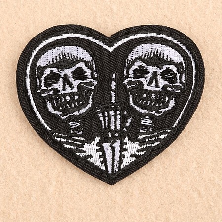 Honeyhandy Computerized Embroidery Cloth Iron on/Sew On Patches, Costume Accessories, Appliques, Heart with Skull, Black, 70x81mm