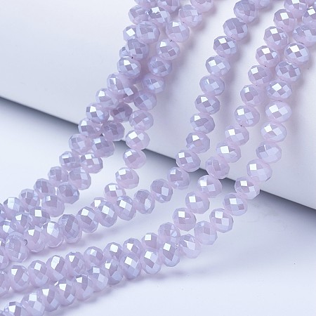 Honeyhandy Electroplate Glass Beads Strands, Imitation Jade Beads, Pearl Luster Plated, Faceted, Rondelle, Lilac, 2x1.5mm, Hole: 0.4mm, about 195pcs/strand, 11 inch(27.5cm)