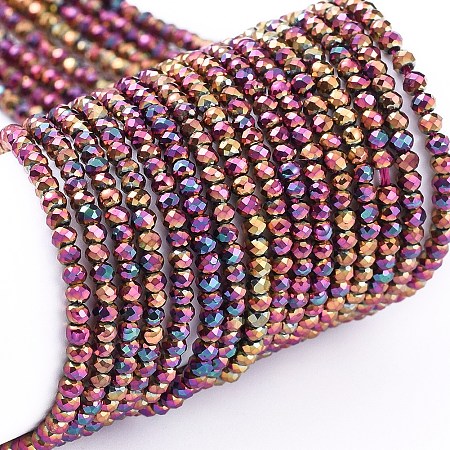 Arricraft Electroplate Glass Beads Strands, Full Plated, Faceted, Rondelle, Purple Plated, 2x1.5mm, Hole: 0.6mm, about 235~247pcs/Strand, 14.57~14.76 inch(37~37.5cm)