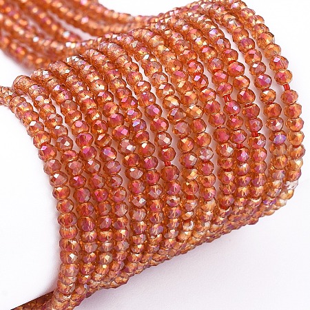 ARRICRAFT Electroplate Glass Beads Strands, Full Rainbow Plated, Faceted, Rondelle, Orange Red, 2x1.5mm, Hole: 0.6mm, about 235~247pcs/Strand, 14.57~14.76 inches(37~37.5cm)