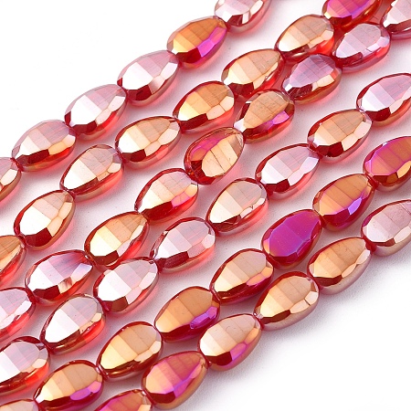 Electroplate Glass Beads Strands, Full Rainbow Plated, Faceted, Teardrop, Red, 9x6x4.5mm, Hole: 1.2mm; about 79pcs/Strand, 27.17 inches(69cm)