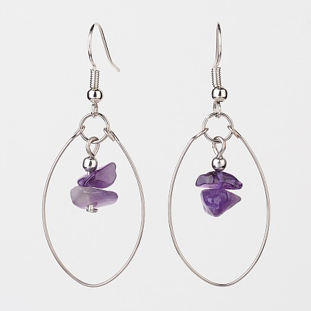 Honeyhandy Natural Amethyst Dangle Earrings, with Steel Memory Wire and Brass Earring Hooks, Platinum, 50mm