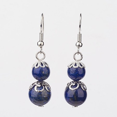 Honeyhandy Lapis Lazuli Dangle Earrings, with Brass Bead Caps and Earring Hooks, Round, 41mm, Pin: 0.7mm